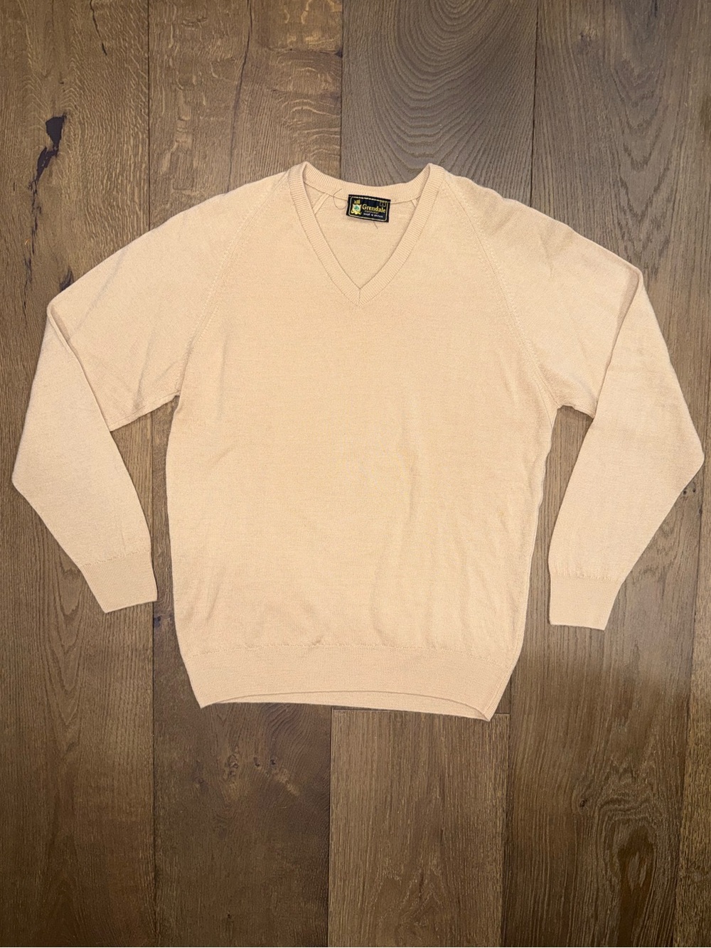Vintage Grendale Menswear V-Neck Knit Sweater Camel Beige Large Made in Britain